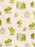 A close-up of a fabric pattern featuring green and yellow frogs, white flowers, and small yellow dots on a light beige background.