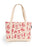 A canvas tote bag with a cream background and a red vintage-style print featuring skulls, roses, skeletons, and goblet, shown against a plain white background.