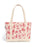 An off-white canvas tote bag featuring a red gothic-style print of skulls, roses, and skeletons, with dual top handles, shown against a plain white background.