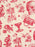 A close-up of a toile pattern featuring red gothic-style illustrations on a warm cream background, including classical statues, human skeletons, skulls, flowers, a goblet, and a cassette tape.