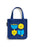 A navy blue canvas mini tote bag with a printed graphic of Hanukkah symbols including a menorah, dreidel, latke, and book, all in bright yellow and blue with simple smiling faces.