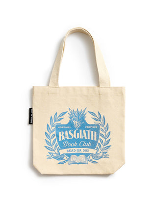 A natural canvas tote bag with a blue graphic print reading 'BASGIATH Book Club' and 'READ OR DIE!', shown on a plain white background.