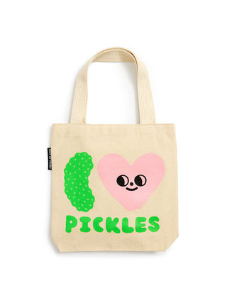 A beige canvas tote bag with a cute graphic that says 'I [heart] PICKLES' in green. The heart has a smiling face, and the word 'PICKLES' is written in a bubbly green font.