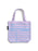 A lilac purple tote bag with blue printed lines and text fields for author, title, date due, and borrower's name, shown on a plain white background.