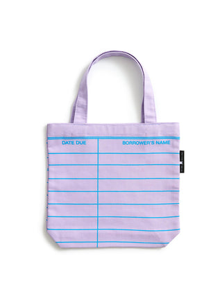 A lilac purple tote bag with blue printed lines and text fields for 'DATE DUE' and 'BORROWER'S NAME', shown on a clean white background.