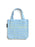 A light cloud blue canvas tote bag with yellow grid lines and text fields for author, title, date due, and borrower's name, shown on a white background.