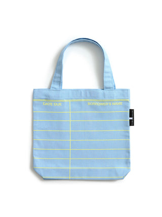 A light cloud blue canvas tote bag with yellow horizontal lines and yellow text reading 'DATE DUE' and 'BORROWER'S NAME', shown on a plain white background.