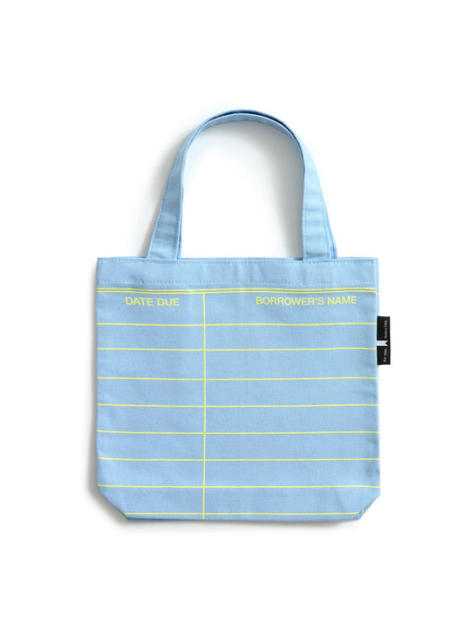 A light cloud blue canvas tote bag with yellow horizontal lines and yellow text reading 'DATE DUE' and 'BORROWER'S NAME', shown on a plain white background.