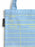 A light cloud blue canvas tote bag with yellow printed library-style fields including AUTHOR, TITLE, DATE DUE, and BORROW, plus a black side tag reading OUT OF PRINT.