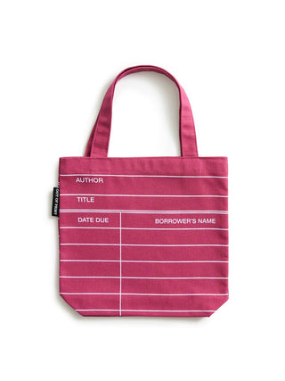 A maroon red canvas tote bag with white horizontal stripes and printed white text fields for author, title, date due, and borrower's name, shown on a plain white background.