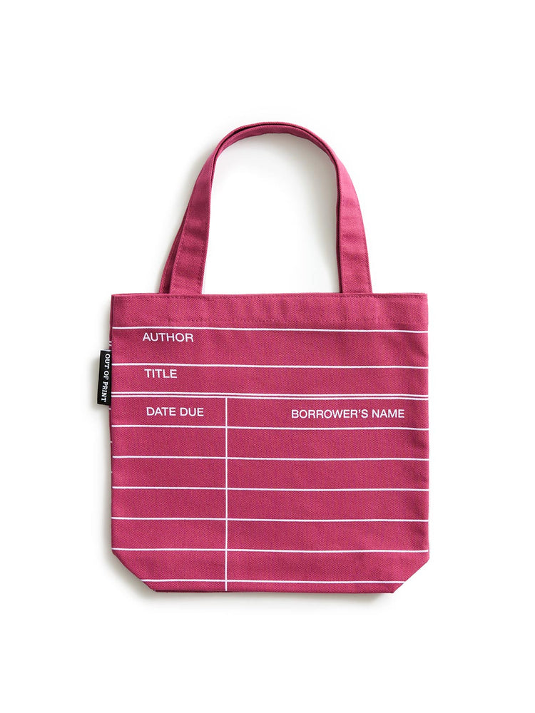 A maroon red canvas tote bag with white horizontal stripes and printed white text fields for author, title, date due, and borrower's name, shown on a plain white background.