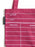 A close-up of a maroon red canvas tote bag with white horizontal lines and printed text fields for author, title, date due, and borrower. A black fabric tag on the left reads OUT OF PRINT.