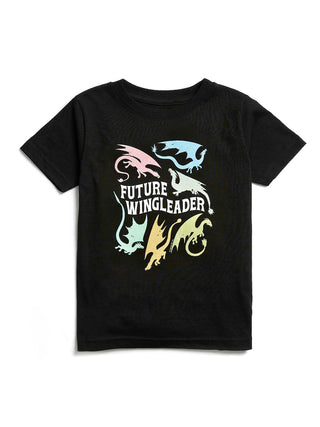 Black t-shirt with colorful dragon design and 'Future Wingleader' text on a white background