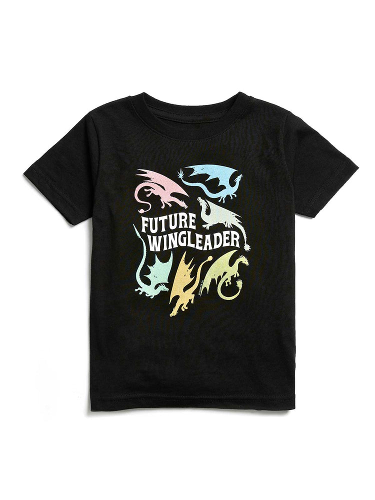 Black t-shirt with colorful dragon design and 'Future Wingleader' text on a white background