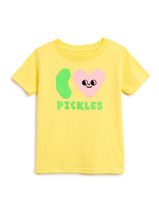 A yellow short-sleeve kids' t-shirt featuring a graphic of a green pickle and a pink heart with a face, above the word 'PICKLES' in green, shown on a plain white background.