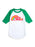White baseball shirt with green sleeves featuring the 'Reading Rainbow' logo on a white background