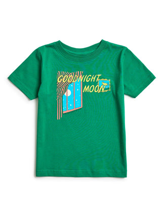 A green short-sleeve kids' t-shirt with a colorful graphic on the front that reads 'GOOD NIGHT MOON!' in yellow, featuring a stylized moon and stars.