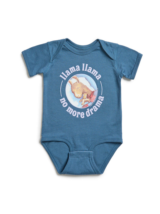 Blue baby onesie with 'Llama Llama no more drama' text and graphic on a white background