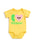 A yellow short-sleeve baby bodysuit featuring a graphic design that reads 'I [heart] PICKLES' with a green pickle and a pink smiling heart.