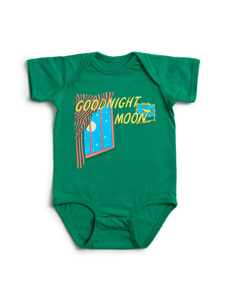 A green short-sleeve baby bodysuit with a colorful 'Goodnight Moon' graphic on the chest, displayed flat against a white background.