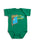 A green short-sleeve baby bodysuit with a colorful 'Goodnight Moon' graphic on the chest, displayed flat against a white background.