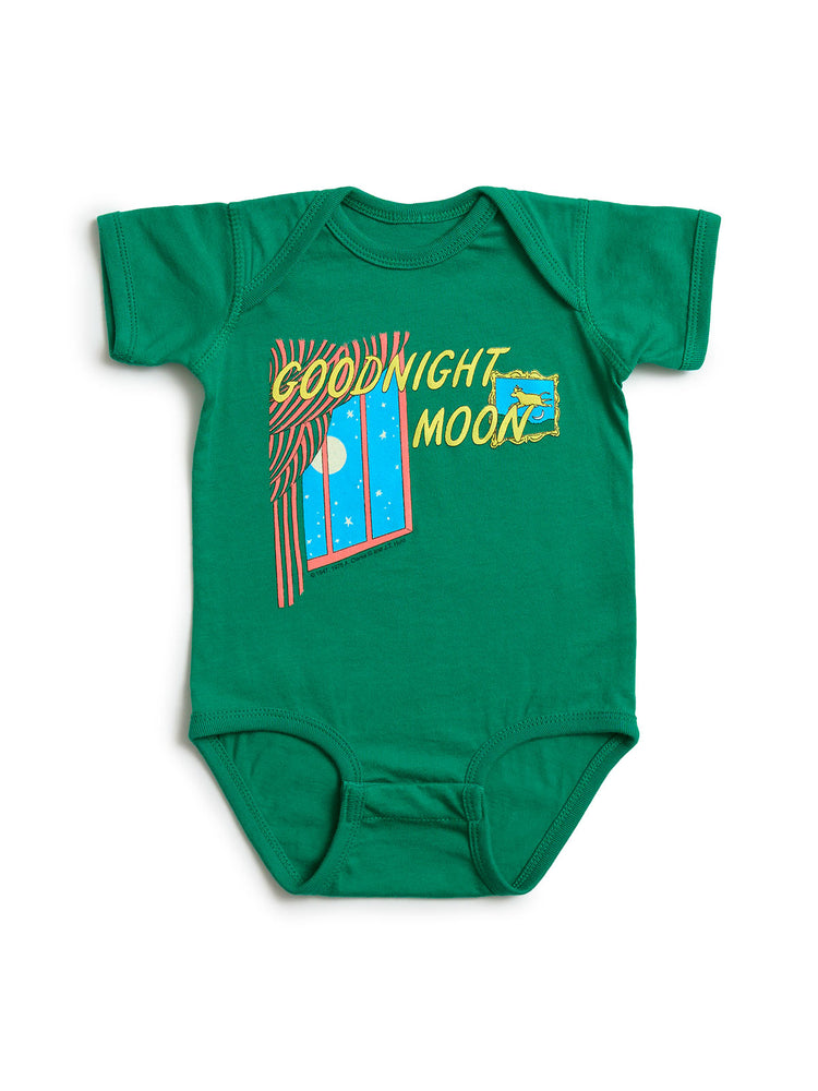 A green short-sleeve baby bodysuit with a colorful 'Goodnight Moon' graphic on the chest, displayed flat against a white background.