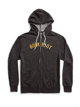 A dark heather gray zip-up hoodie with 'BOOK RIOT' printed in yellow across the chest, featuring white drawstrings and a front pocket, shown against a plain white background.