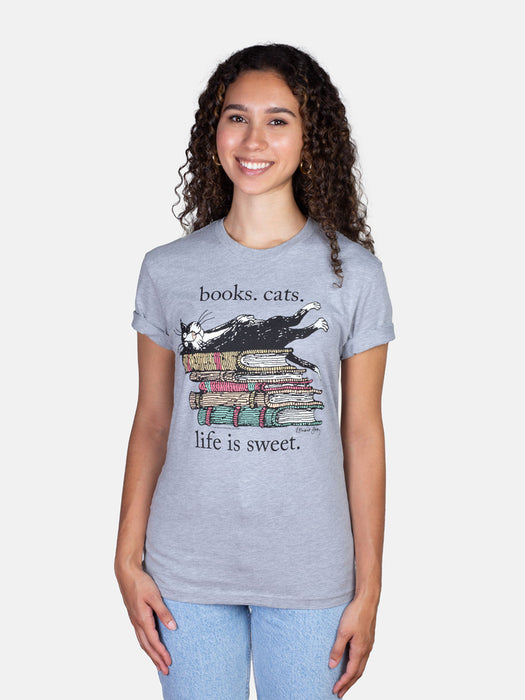 Books. Cats. Life is Sweet. - Edward Gorey unisex literary cat tee