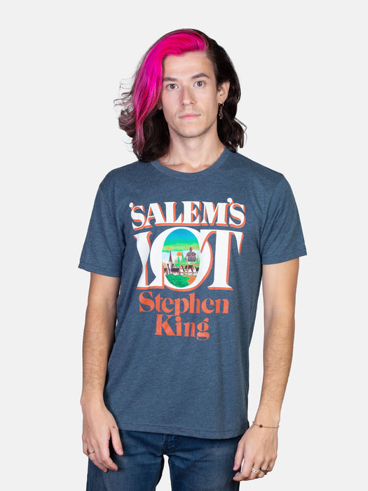 Male model wearing 'Salem's Lot unisex indigo adult book cover t-shirt