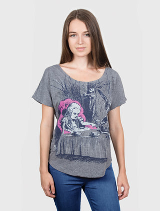 Alice in Wonderland on model - women's dolman wide neck book t-shirt