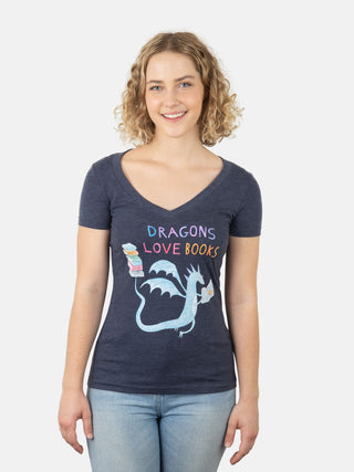 Dragons Love Books Women's V-Neck T-Shirt