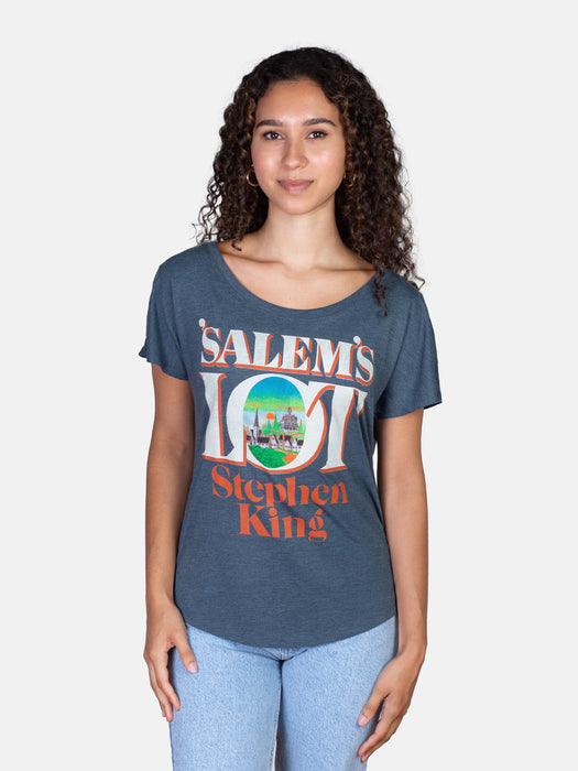 Female model wearing 'Salem's Lot unisex indigo adult book cover t-shirt
