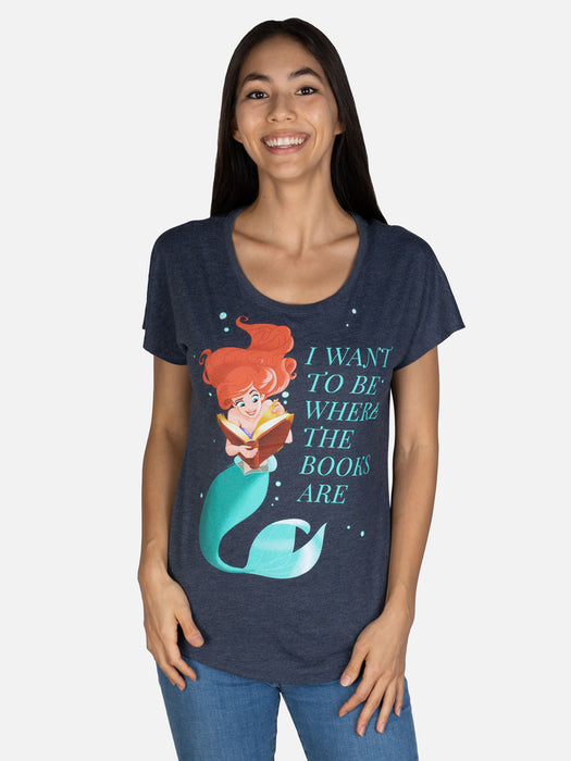 Disney Princess Ariel: I Want to be Where the Books Are Women’s Relaxed Fit T-Shirt (Vintage Navy)