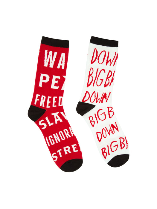 Mismatched 1984 socks that say "Down with Big Borther on one sock; War is Peace - Freedom is Slavery - Ignorance is Strength on the other sock.